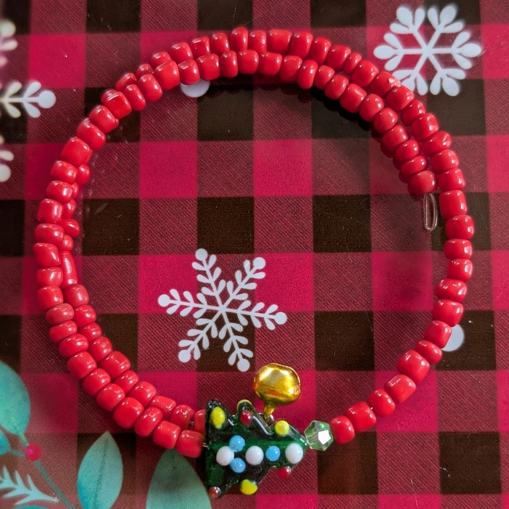 Festive Red Beaded Memory Wire Bracelet with Christmas Tree Charm